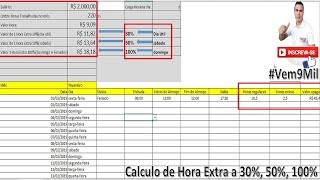 Calculo de Hora Extra no Excel de 30 50 100  Hora Extra no Excel [upl. by Dranyam]