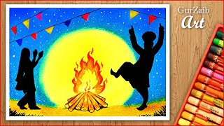 How to draw Lohri celebrations drawing  Indian festival scenery with oil pastels [upl. by Yreva717]