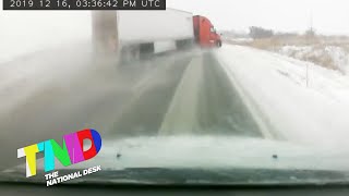 Semi Truck jackknife across snowy Kansas highway [upl. by Rosenkranz486]