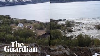 Moment powerful landslide sweeps away buildings in Norway [upl. by Oster]