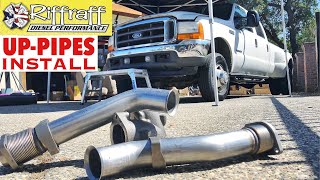 2001 F350 73  RiffRaff UpPipes Install  Stock up pipes leaking and falling apart JUNK SP [upl. by Elokin]