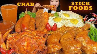 Stick Food Mukbang  Eating Super Spicy Noodles  Chicken Adobo  Fried Crab  Fish Ball  Sausages [upl. by Akkim]