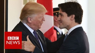 TrumpTrudeau handshake close up  BBC News [upl. by Einal]