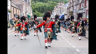 Massed Pipes amp Drums parade through Deeside town to start the Ballater Highland Games 2018 [upl. by Derina453]