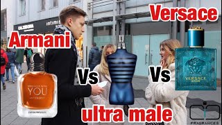 Versace Eros vs Jean Paul Gaultier Ultra male vs Armani Stonger with you intensely  fragrance test [upl. by Nahbois131]