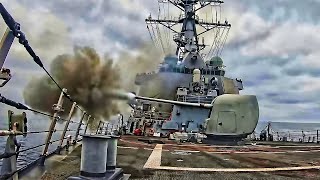 US Navy Destroyer Fires Its Weapons [upl. by Rip]